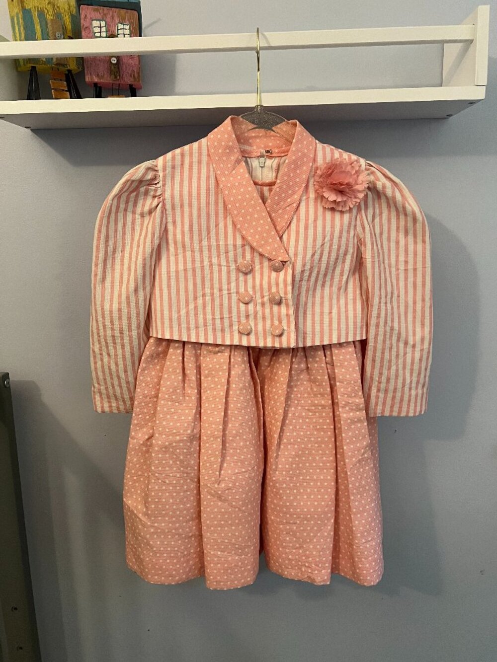 Vintage Dorissa Girls Dress & Jacket Set Pink White Seersucker Polka Dot Size 4T